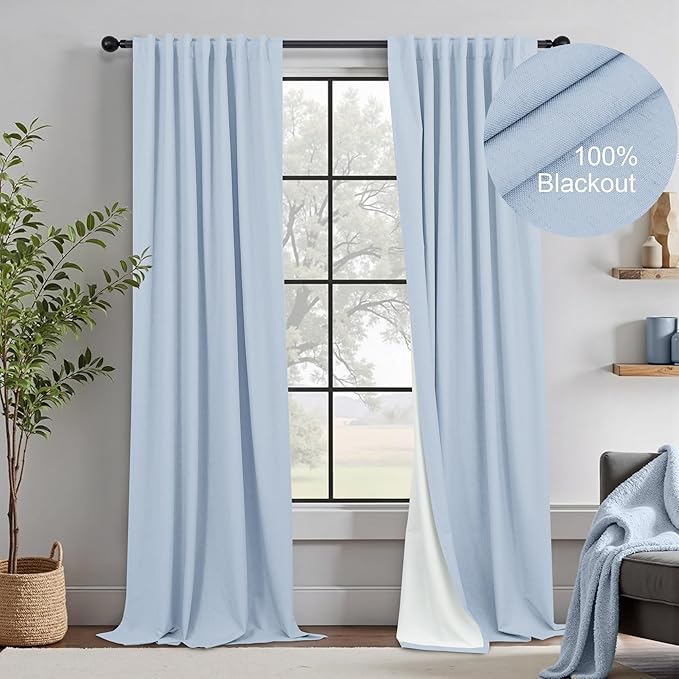 Light Blue Curtains 96 Inches Long for Living Room Linen Boho Blackout Room Darkening Back Tab Pleated Thermal Window Treatments Pale Blue Black Out Curtain Drapes for Bedroom Decor 96 Length 2 Panel