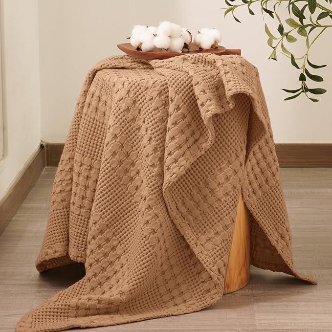 PHF 100% Cotton Waffle Weave Throw Blanket, Soft Lightweight Breathable Cozy Summer Throws for Couch Bed Sofa, Luxury Aesthetic Woven Blanket for Home Decor & Office, 50"x60", Camel