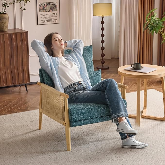 VINGLI Boho Braid Accent Armchairs Set of 2,Mid-Century Modern Chiars with Solid Wooden Armrest,Comfy Louge Cushion Chairs with Waist Pillow for Bedroom,Living Room,Reading Room, Teal