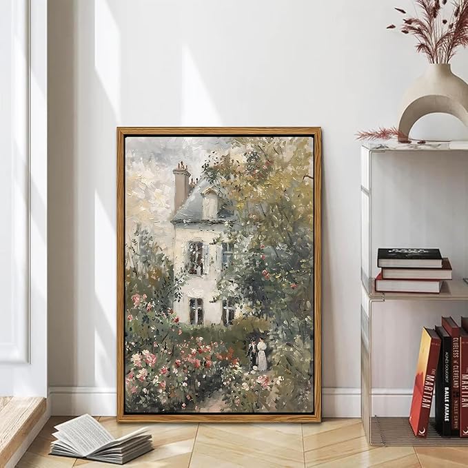 Floating Framed Canvas Vintage Wall Art, Neutral English Cottage Rose Garden Oil Paintings Print, Spring Pictures Wall Decor for Living Room Hallway Bedroom Office Rustic Decor 12x16 inch