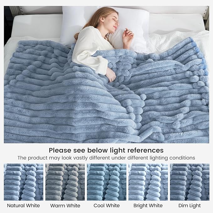 Cozy Bliss Faux Fur Throw Blanket for Couch, Cozy Warm Plush Striped Blanket for Sofa Bedroom Living Room,60 * 80 Inches Light Blue