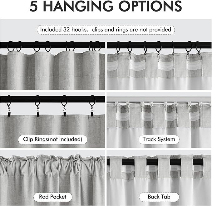 MIULEE 100% Blackout Curtains 108 Inch Long 2 Panels Set for Bedroom, Thick Luxury Faux Linen Black Out Curtain Room Darkening Back Tab Pleat Window Textured Drapes with Hooks for Living Room, Grey