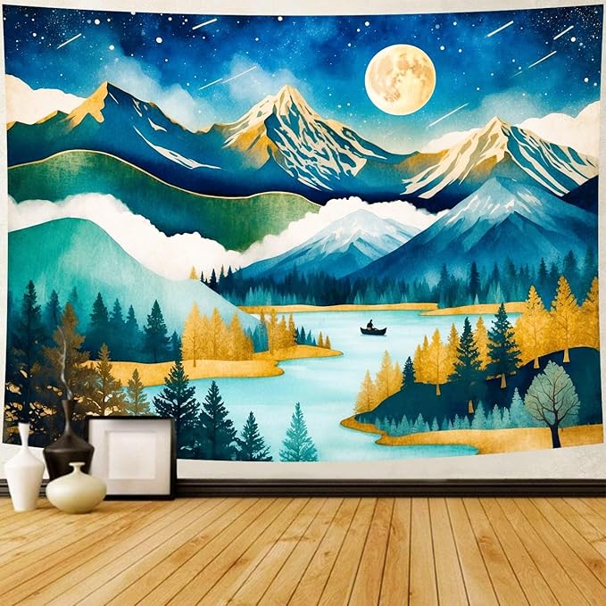 Delur Mountain Tapestry Boho Moon Stars Starry Night Tapestry Wall Hanging Forest Tree Nature Landscape Psychedelic Headboard for Bedroom Living Room Home Decor (70.8" x 92.5")