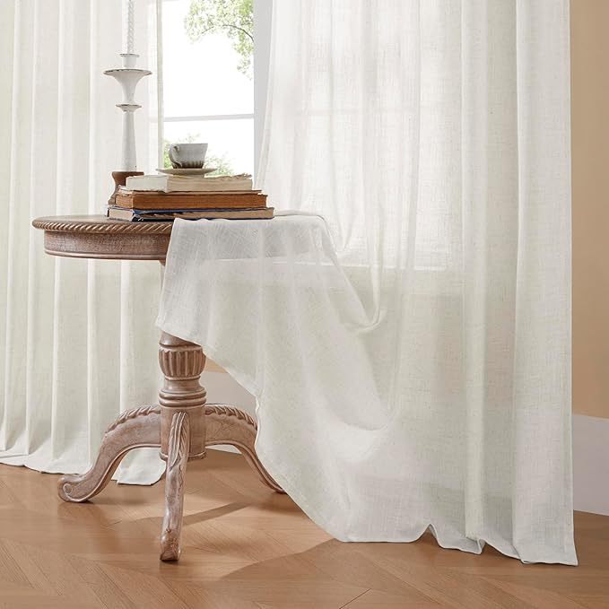 Joydeco Light Filtering Curtains 96 Inch Length for Bedroom, Linen Curtains 96 Inch Length 1 Panel Set for Living Room，White Semi Sheer Drapes 96 Inches Long with Rod Pockets