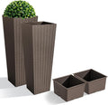JUMMICO Set of 2 Resin Rattan Tall Planters for Outdoor Plants, Large Tapered Planters with Drainage Holes&Inner Trays, Flower Pots for Garden, Patio, Porch, Backyard (Brown, 32'')