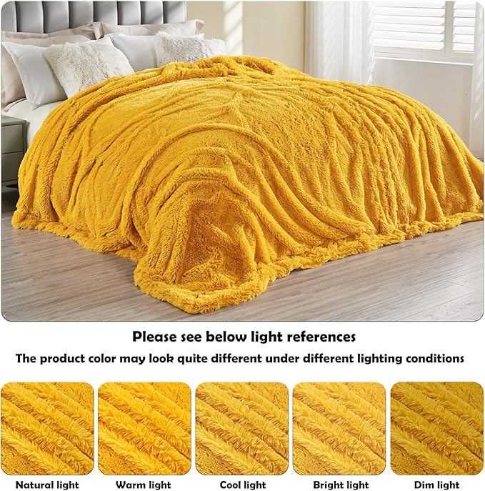 GONAAP Fuzzy Faux Fur Throw Blanket Twin Size Mustard Yellow Super Soft Cozy Plush Fuzzy Shaggy Blanket for Couch Sofa Bed (Mustard Yellow, Twin(60"x80"))