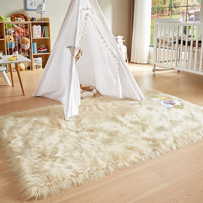 AMTOVO Faux Fur Sheepskin Rug for Living Room, 4 x 6 ft Beige Fluffy Area Rug for Bedroom, Playroom, Luxury Room Decor, Rectangle