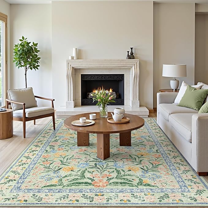 Wonnitar Machine Washable Area Rugs 9x12, Soft Sage Green Floral Rug for Living Room Bedroom, Ultra-Thin Large Foldable Boho Carpets for Playroom Classroom Dining Room