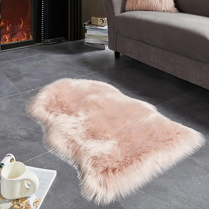 AMTOVO Faux Fur Rug, Pink Small Area Rug, Fluffy Sheepskin Rug, Fuzzy Ultra Soft 2 x 3 ft Shag Rugs for Bedroom Sofa Throw Cushion Room Decor, Sheepskin