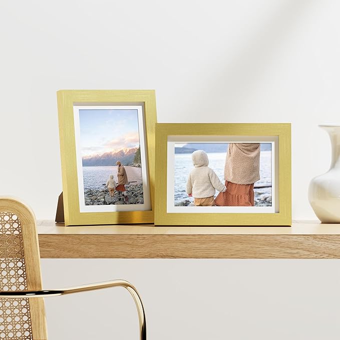 Vittanly 5x7 Picture Frames Set of 9, Shatter Resistant Plexiglass, Display 4x6 Pictures with Mat or 5x7 without Mat, Photo Frames for Wall or Tabletop, Engineered Wood, Gold