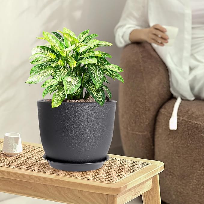 10/9/8 inch Medium Plant Pots, 3 Pack Modern Decorative Plastic Planters with Drainage Holes and Saucers, Flower Pots for Indoor Outdoor Plants, Black