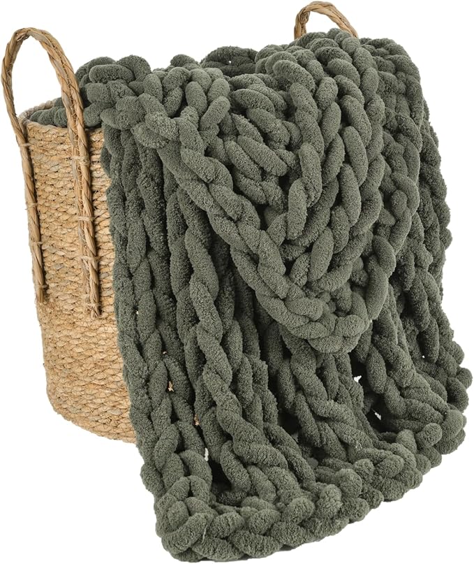 Esterra Chunky Knit Blanket Throw, 100% Handmade Chenille Throw Blanket 40"x50", Soft Thick Yarn Cable Knit Crochet Throw Blanket Rope Knot Throw for Couch Bed Sofa, Dusty Olive