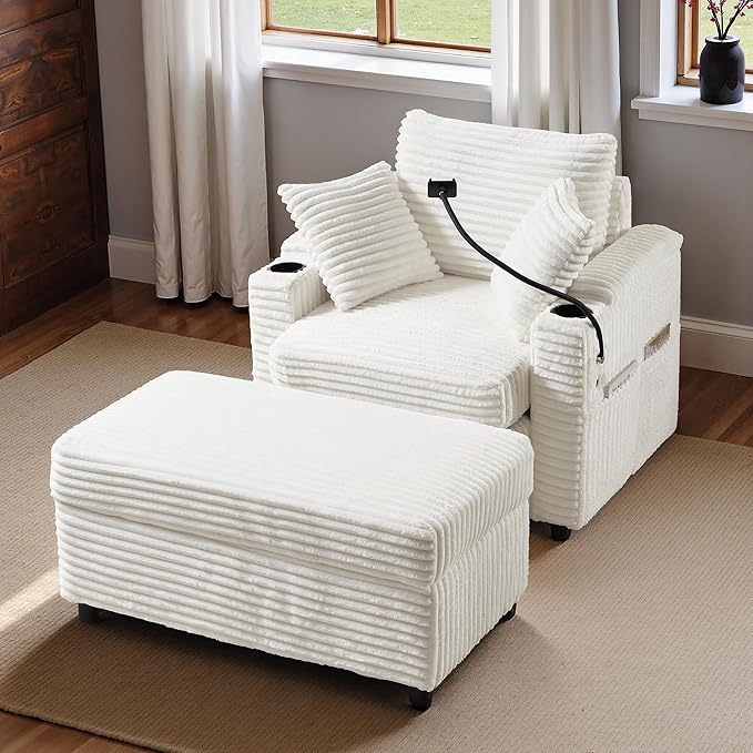 Accent Chair with Storage Ottoman Upholstered Living Room Chairs for Reading Chair with Chaise Lounge Chairs Indoor, Comfortable Armchair for Bedroom