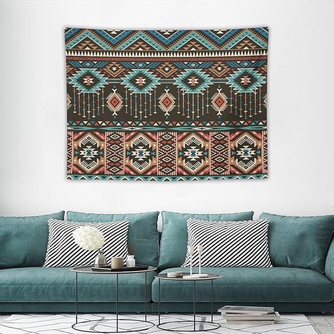 HZOHNAGO Aztec Tapestry Turquoise Blue and Brown and Native American Tribal Pattern Printed Wall Tapestry Wall Hanging for Bedroom Living Room Dorm 40" W x 30" H