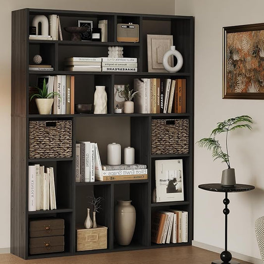 71” Tall Open Black Bookcase with Baskets, Free-Standing 6-Tier Wooden Display Storage Bookshelves with 16 Irregular Cubes for Living Room, Home Decor