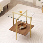 Glass End Table, Mid-Century Modern Design Sofa Table, for Living Room, 2-Tier Structure, Clear Glass Top and Walnut MDF Shelf, Sleek Conical Metal Legs with Gold Finish Frame
