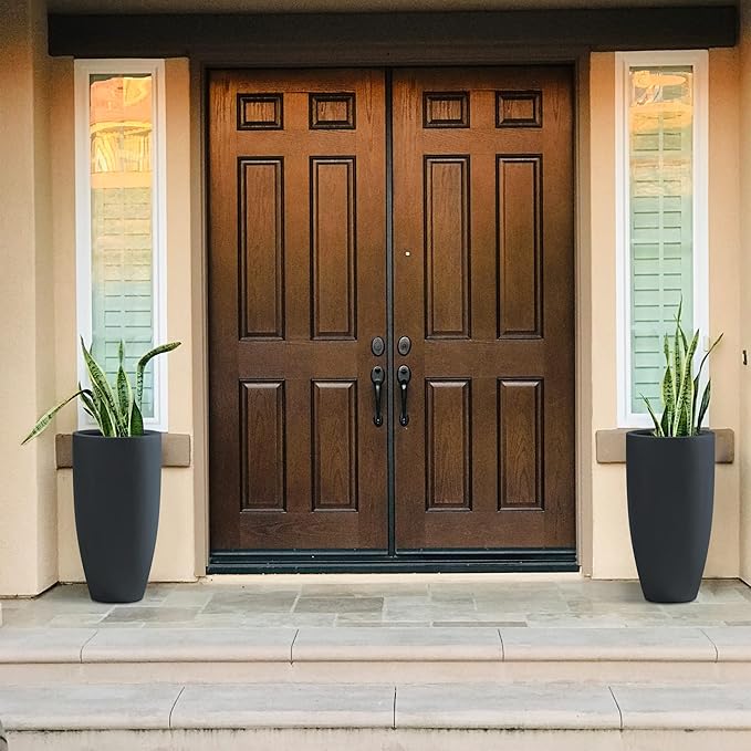 Kante 23.6" H Charcoal Concrete Tall Planters (Set of 2), Large Outdoor Indoor Decorative Plant Pots with Drainage Hole and Rubber Plug, Modern Style for Home and Garden