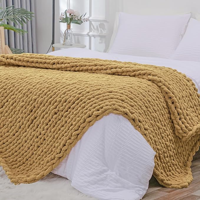 Bigacogo Chunky Knit Throw Blanket for Couch, 51x63 inches, 100% Hand Knitted with Thick Jumbo Chenille Yarn, Cozy Soft Large Rope Knot Cable Crochet Blankets for Sofa Bed Living Room, Goldenrod