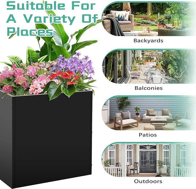 Metal Rectangular Planter Box, Small Planter Boxes Outdoor, 18''L x 18''W x 20''H Heavy Duty Plant Box with Removable Insert Shelf, 3 Tier Adjustable Height Tall Garden Planter for Plants, Flowers