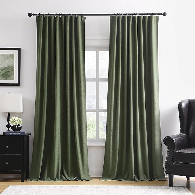 RAIN CITY Dark Olive Green Blackout Curtains 96 Inch Long with Hooks 2 Panels Set, Back Tab Drapes with Grey Backing for Track System, Modern Window Curtains for Bedroom- Loden/Olive Forest 50x96