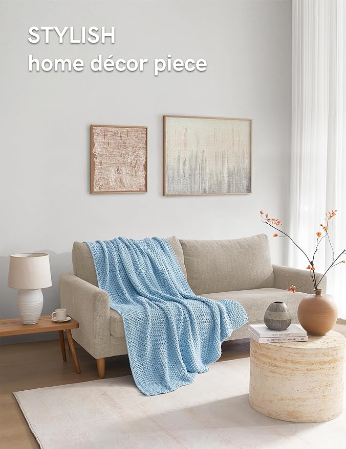 YnM Chunky Cotton Knit Throw Blanket, Cable Knit Throws for Bed Couch Sofa, Comfy & Relaxing, Decorative Piece for Farmhouse Modern Boho Rustic Scandinavian Chic Vibe, Aqua Blue 50x60 Inches