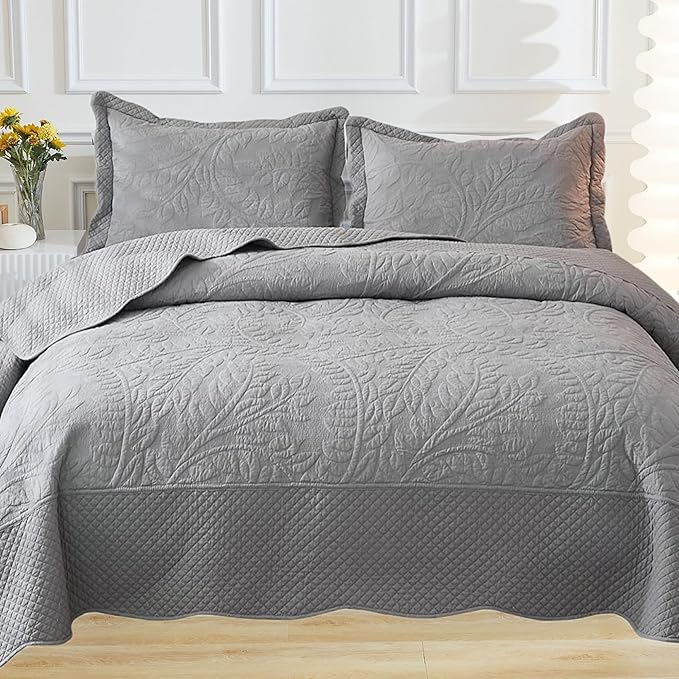 MarCielo 3-Piece 100% Cotton Oversized Bedspread Lightweight Quilt Coverlet Embroidery Farmhouse Bedding Set T0 (Light Grey, Oversized King (118"x106"))