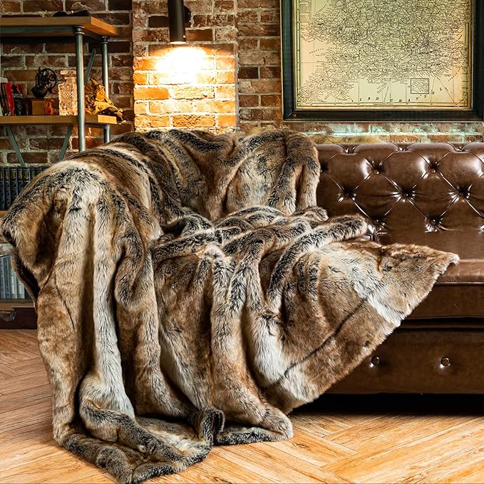 BATTILO HOME Large Brown Faux Fur Throw Blanket for Bed, Fall Fur Blanket and Throws, 60 x 80 Inches Super Soft Fuzzy Thick Warm Blankets for Couch, Reversible to Plush Velvet