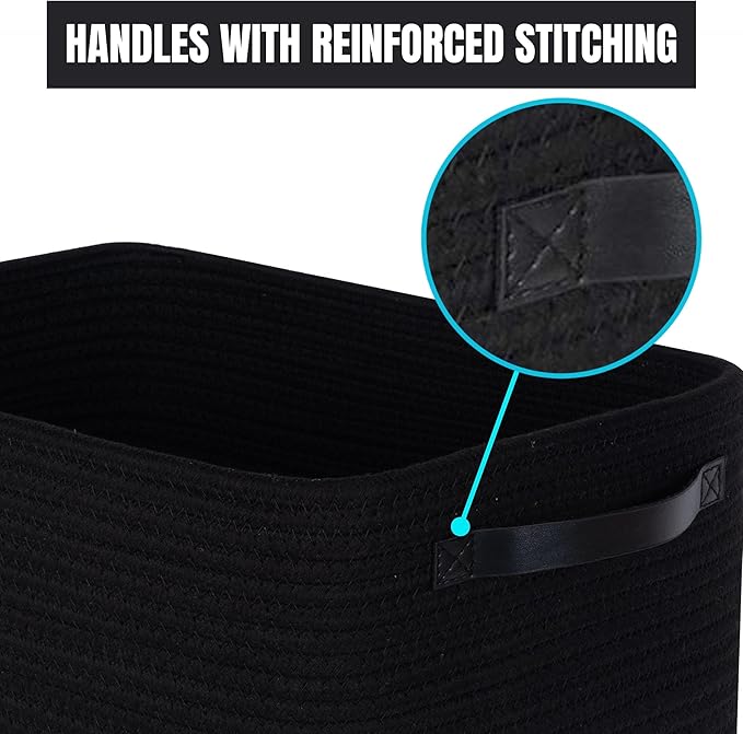 MINTWOOD Design 3-Pack Storage Baskets for Shelves, Decorative Baskets for Organizing, Woven Baskets for Storage, Book Basket Cube Bin Box, Pantry Closet, Shoe Organizer, Black / Black