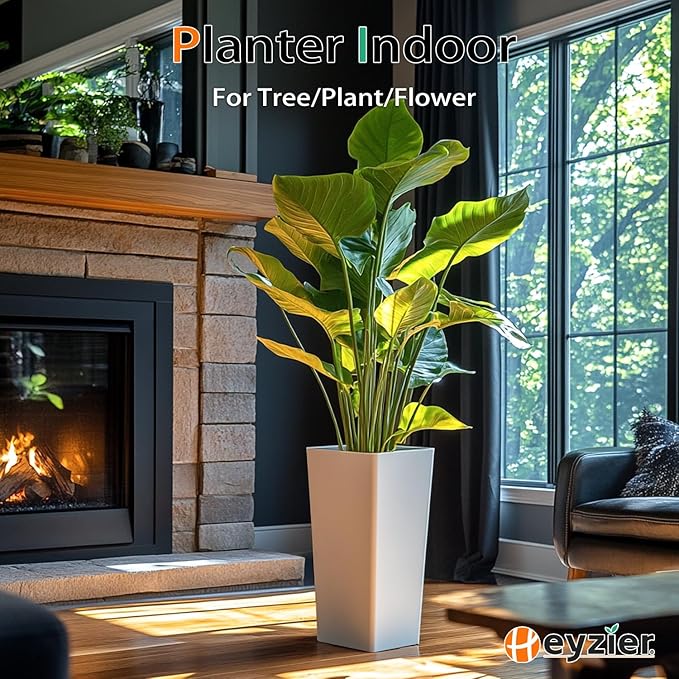 Tall Planters for Outdoor Plants, Large Resin Flower Pots for Garden, Front Porch, Patio, Indoor - Set of 2 (White, 27.5 inch - 2 Pack)