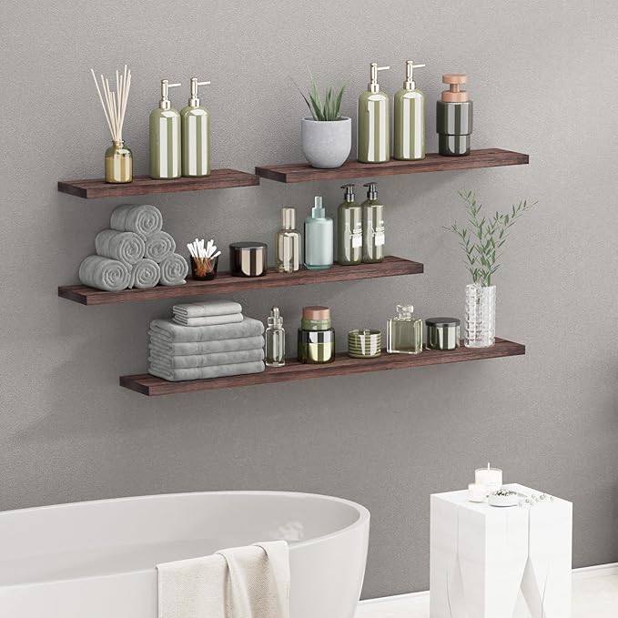 SAUMONIERES Floating Shelves 8 Inch Deep Solid Wood Wide Wall Shelf Set of 2 Wall Mounted for Bedroom Bathroom Living Room Kitchen, 24 Inch Walnut