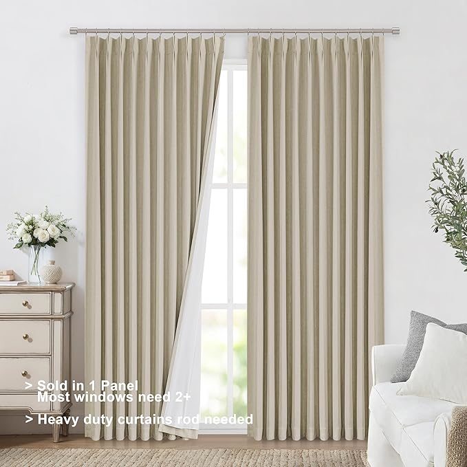 Vision Home Sand Pinch Pleated Full Blackout Curtains Linen Blended Room Darkening Window Curtains 108 inch for Living Room Bedroom Thermal Insulated Pinch Pleat Drapes with Hooks 60" Wx108 Lx1