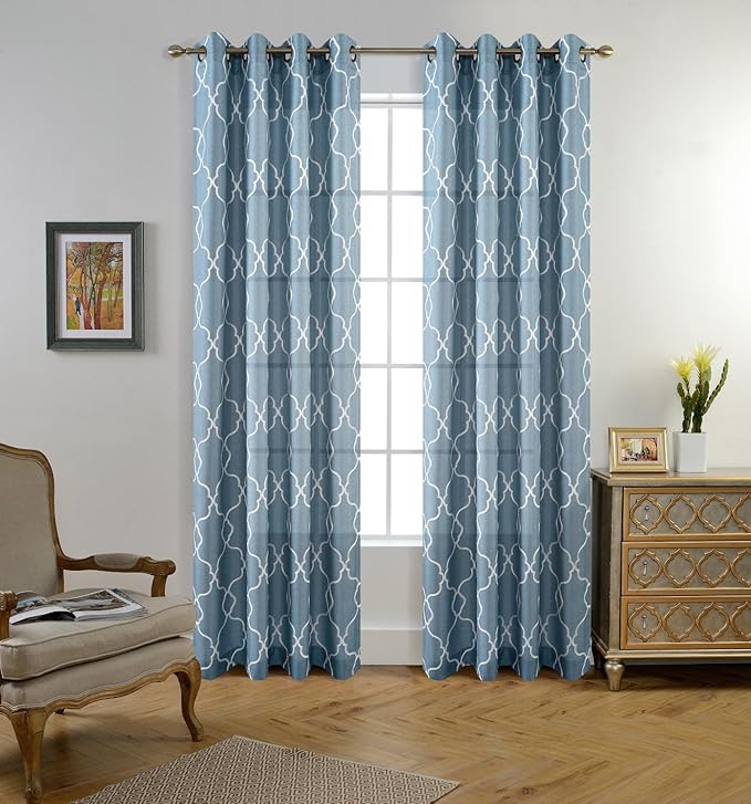 Miuco Moroccan Embroidered Semi Sheer Curtains Faux Linen Grommet Curtain Set for Bedroom 52 x 95 Inch, Dusty Blue