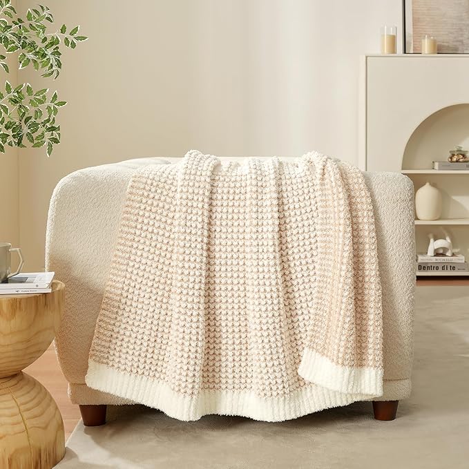 Snuggle Sac Cream Waffle Blanket for Couch Bed Sofa 60x80 inches, Reversible Beige Soft Throw Microfiber Fluffy Fuzzy Cozy Knit Twin Blanket for Women Mothers Birthday Gifts