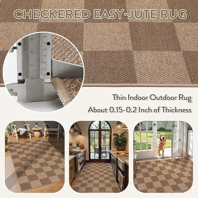 Lahome Checkered Easy Jute Entryway Rug, Washable Rugs 3x5 for Living Room Farmhouse Carpet, Non Slip Indoor Outdoor Door Mat Checkerboard Throw Carpet for Entry Patio Guestroom Deck