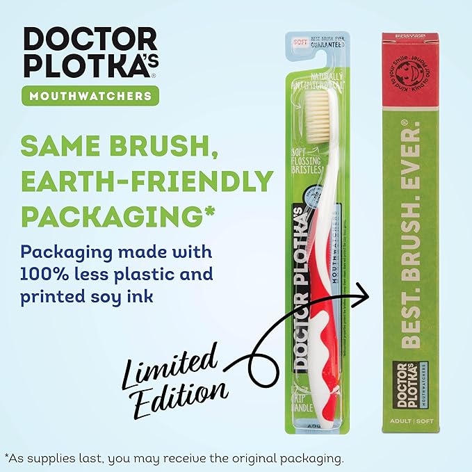 MOUTHWATCHERS Soft Flossing Toothbrushes, Value Pack of 4, Red, Manual Toothbrush for Adults, Ultra Clean, Good for Sensitive Teeth and Gums, by Dr. Plotka's