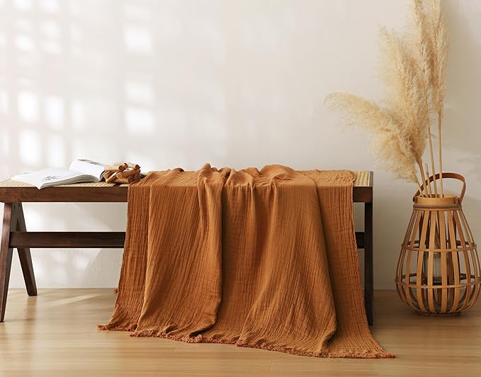 100% Cotton Muslin Throw Blanket for Bed, Couch, Travel, Luxuriously Soft, Pre-Washed, Breathable and Lightweight Gauze Blanket with Tassels, Suitable for All Seasons, Rust, 50"x60"