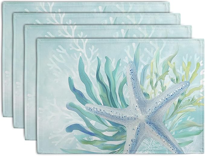 Nautical Coastal Placemats Set of 4 Ocean Coral Starfish Seagrass Beach Theme Table Mat 12x18 Inch Teal Turquoise Blue Summer Linen Fabric Place Mats for Party Kitchen Dining Outdoor Indoor Decor