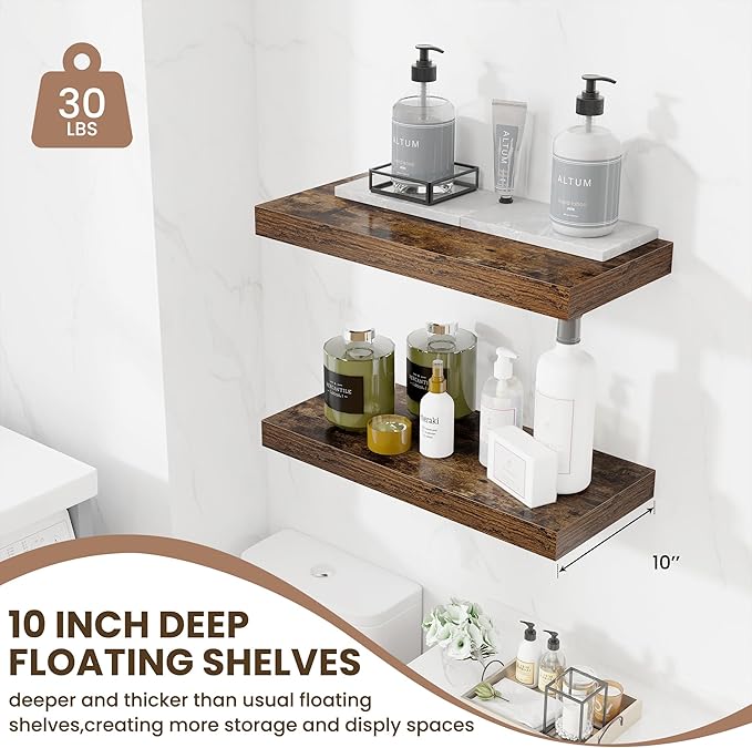Fun Memories 24 Inch Floating Shelves Wall-Mounted, 10 Inch Deep Wall Shelves, 24 x 10 Floating Shelf for Living Room Bathroom Bedroom, Rustic Brown, Set of 2