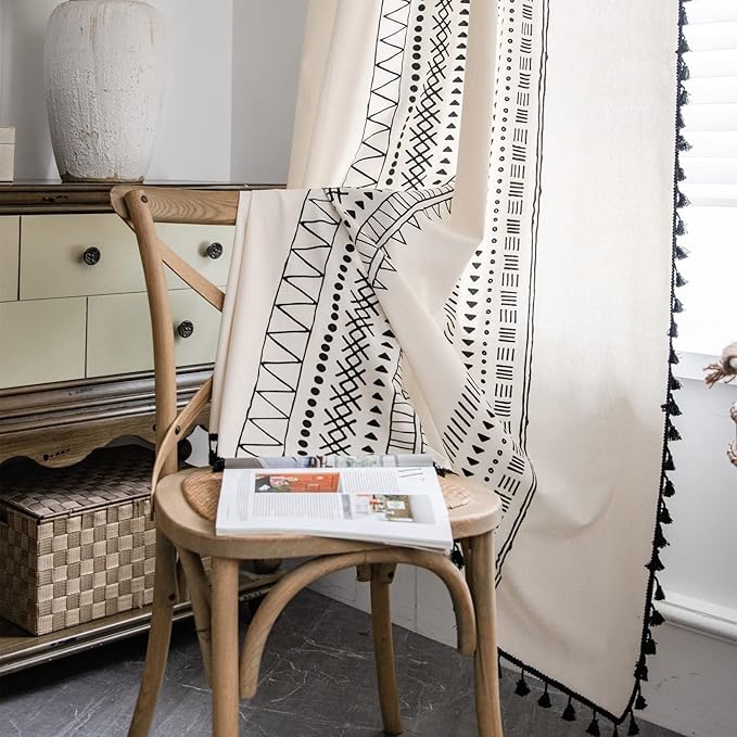 Sutuo Home Boho Curtain 84 Inches Length for Bedroom, Printed Cotton Linen Geometry Rod Pocket Chic Semi Blackout Bohemian Tassels Window Treatment for Living Room, 1 Panel 59" W x 84" L, Black