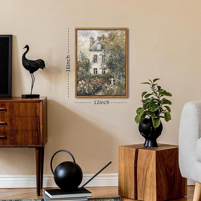 Floating Framed Canvas Vintage Wall Art, Neutral English Cottage Rose Garden Oil Paintings Print, Spring Pictures Wall Decor for Living Room Hallway Bedroom Office Rustic Decor 12x16 inch