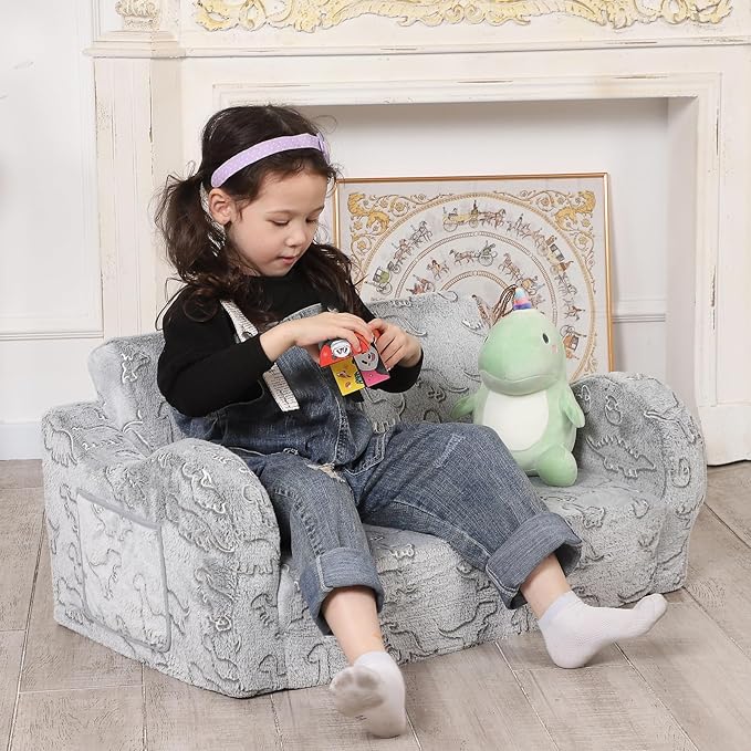 Kids Extra Wide Glow in The Dark Chairs for Toddler, 2-in-1 Toddler Soft Sherpa Couch Fold Out, Convertible Sofa to Lounger for Girls and Boys, Dark Grey