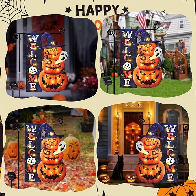 Halloween Lighted Garden Flag, Solar Yard Flag for Outside, 8 Modes Double Sided Welcome Halloween Pumpkin Outdoor Decorations for Home Porch (Pumpkin-12x18)