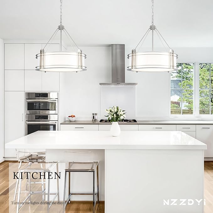 20.4''Drum Chandelier,5-Light Brushed Nickel Modern White Fabric Chandeliers,Farmhouse Round Pendant Light Fixture for Dining Room Kitchen Island Living Room Bedroom Hallway