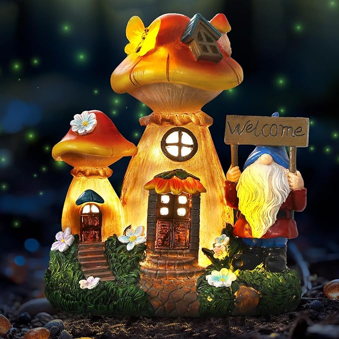 Solar Garden Statue Lights Mushroom Fairy House Figurine, Outdoor Memorial Garden Ornaments Waterproof Decoration for Outside Patio Yard Lawn Decor