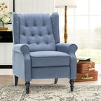 Mid Century Wingback Recliner Chair for Adults, Modern Linen Fabric Push Back Recliner Chairs with Button Tufted Upholstered Back & Footrest, Manual Recliner Chais for Living Room, Nursery, Blue