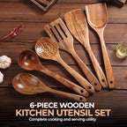 AIUHI Nonstick Natural Wooden Kitchen Utensils Set, Smooth Finish Teak Wood Spoons for Cooking, Comfortable Grip Spatula for Elaborate Cooking 6Pcs