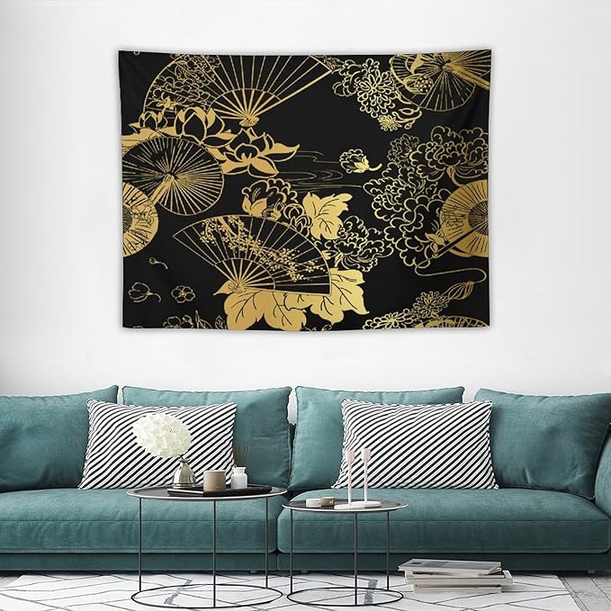 HZOHNAGO Japanese Tapestry Gold Flowers Umbrella Fan Pattern Printed Wall Tapestry Painting Wall Hanging for Bedroom Living Room Dorm 40" W x 30" H