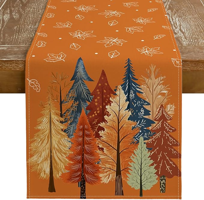 GEEORY Fall Watercolor Trees & Maple Leaves Table Runner 13x120 Inch, Rustic Farmhouse Autumn Thanksgiving Decor for Kitchen, Dining, Indoor/Outdoor Holiday Dinner Party Orange GT158-120