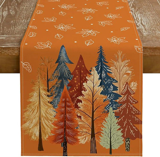 GEEORY Fall Watercolor Trees & Maple Leaves Table Runner 13x108 Inch, Rustic Farmhouse Autumn Thanksgiving Decor for Kitchen, Dining, Indoor/Outdoor Holiday Dinner Party Orange GT158-108