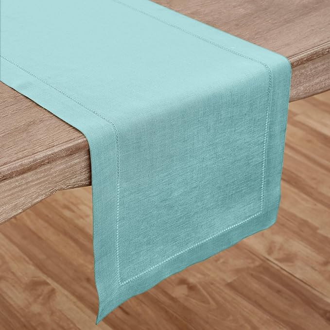 Solino Home Linen Aqua Blue Table Runner 144 Inches Long - 100% Pure Linen Extra Long Table Runner 14 x 144 Inch - Classic Hemstitch